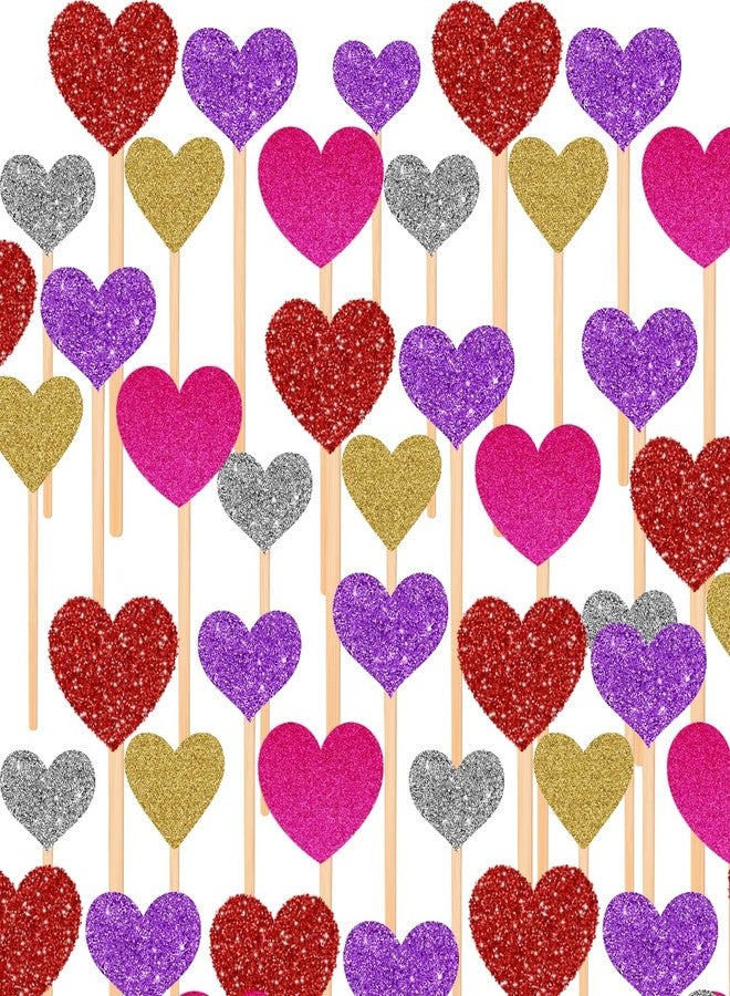 Glitter Heart Cake Toppers Set, Multi-Color Decorative Sticks with Red, Purple, Gold, Pink, Silver Hearts for Valentine's Day, Party Decorations